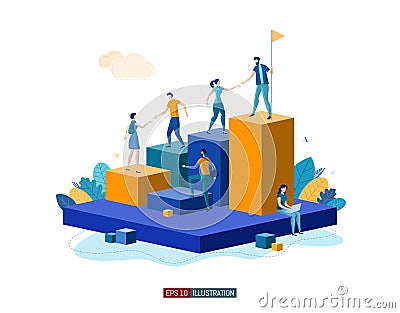 People help each other go up. Teamwork concept. Career planning. Motivation. Goal achievment. Way up. Business strategy. Vector Illustration